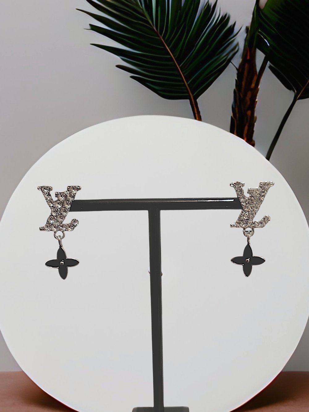 Crystal Logo Drop Earrings in Black and Silver